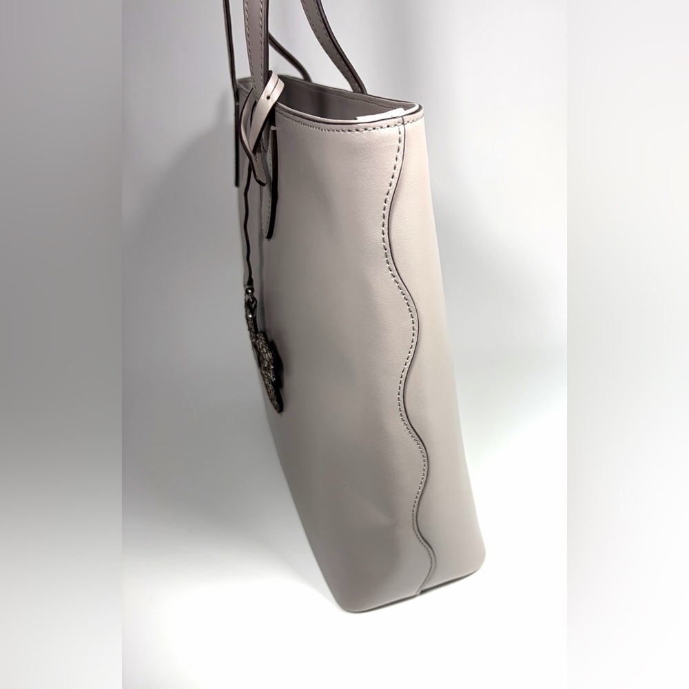 Kate Spade New York Large Leather Tote Bag Gray Pebbled Shoulder Purse 2/Flower - Picture 3 of 12